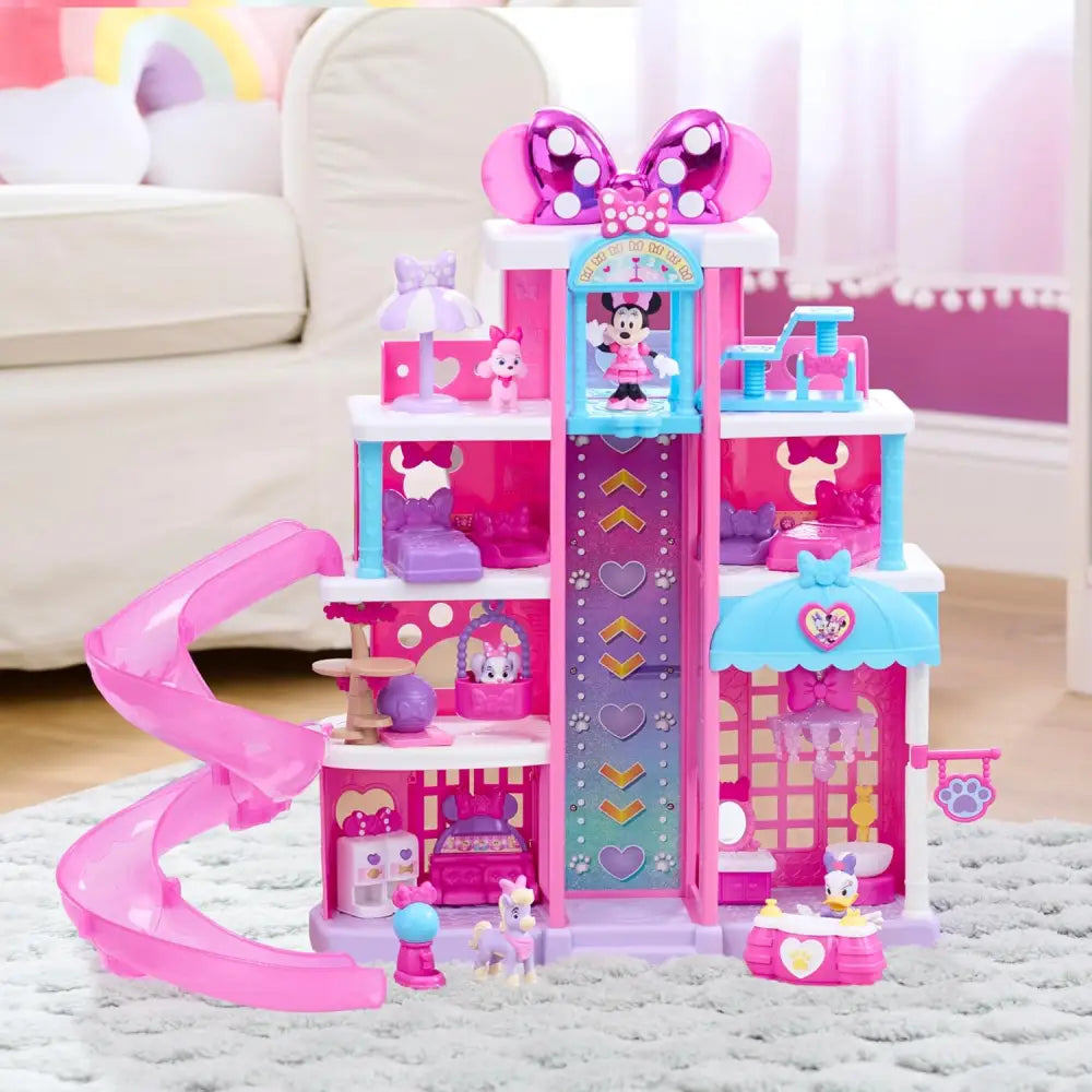 Minnie pet hotel disney playset rosa e viola con scivolo a spirale e mobili in miniatura a tema minnie pet