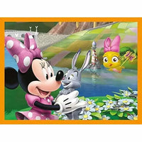 Minnie puzzle cubi da 12 pezzi con minnie rosa a pois che tiene un coniglio grigio in guanti bianchi