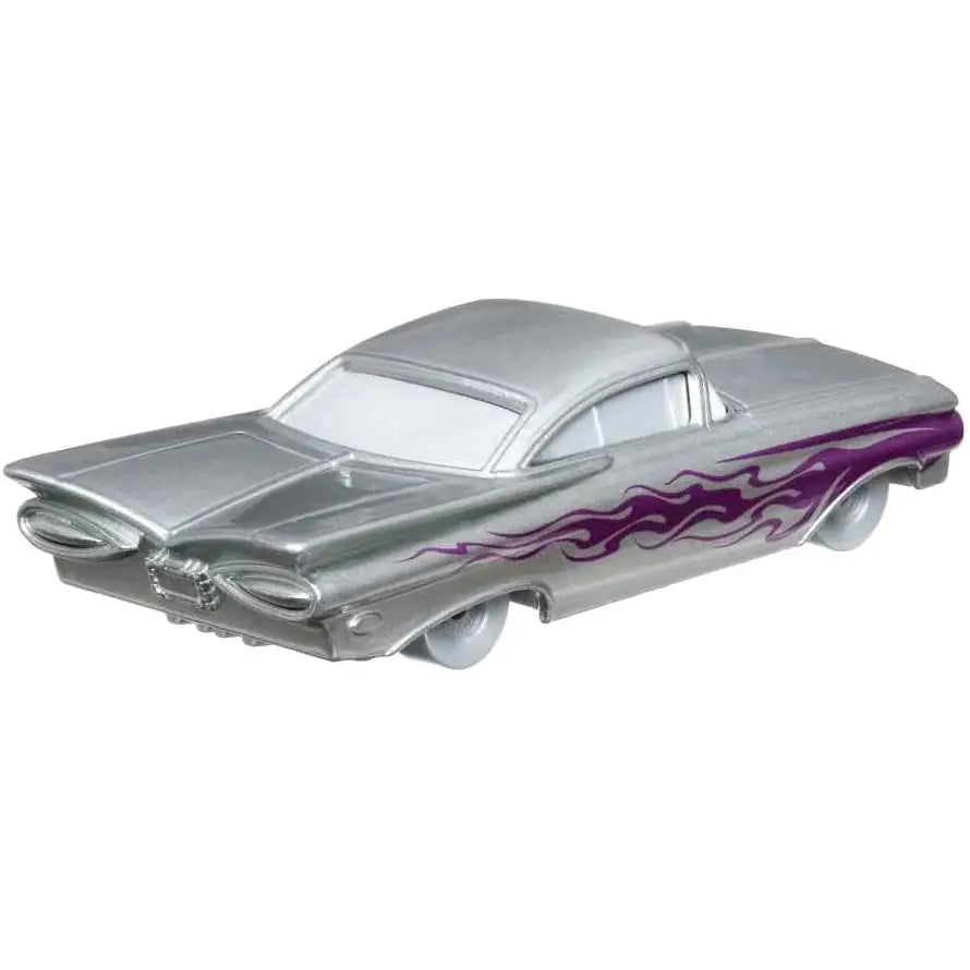 Modellino cars ramone disney 100 die cast hot rod argento con fiamme viola vibranti sui lati