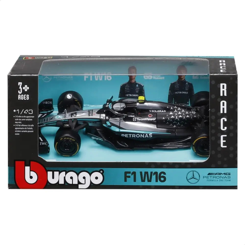 Modellino scala 1:43 mercedes f1 w16 nero argento con accenti turchese e branding petronas di kimi antonelli