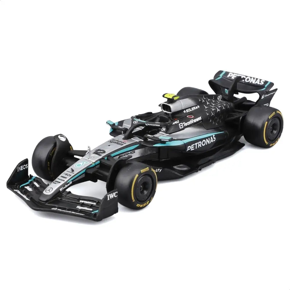 Modellino scala 1 43 mercedes amg petronas formula 1 nero e teal con decal sponsor dettagliati di kimi antonelli