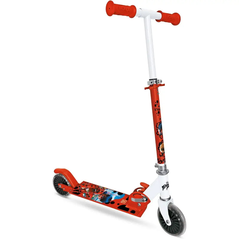 Monopattino miraculous rosso e bianco con pedana antiscivolo e precisione abec con grafiche di personaggi cartoon