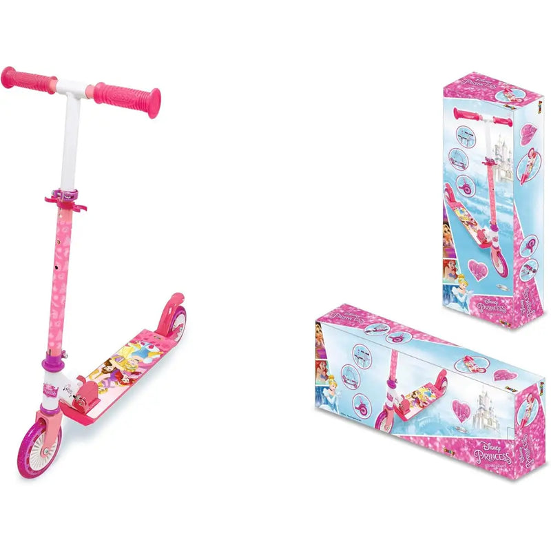 Monopattino principesse disney due ruote rosa e bianco con decalcomanie principesse disney sul piano pedana