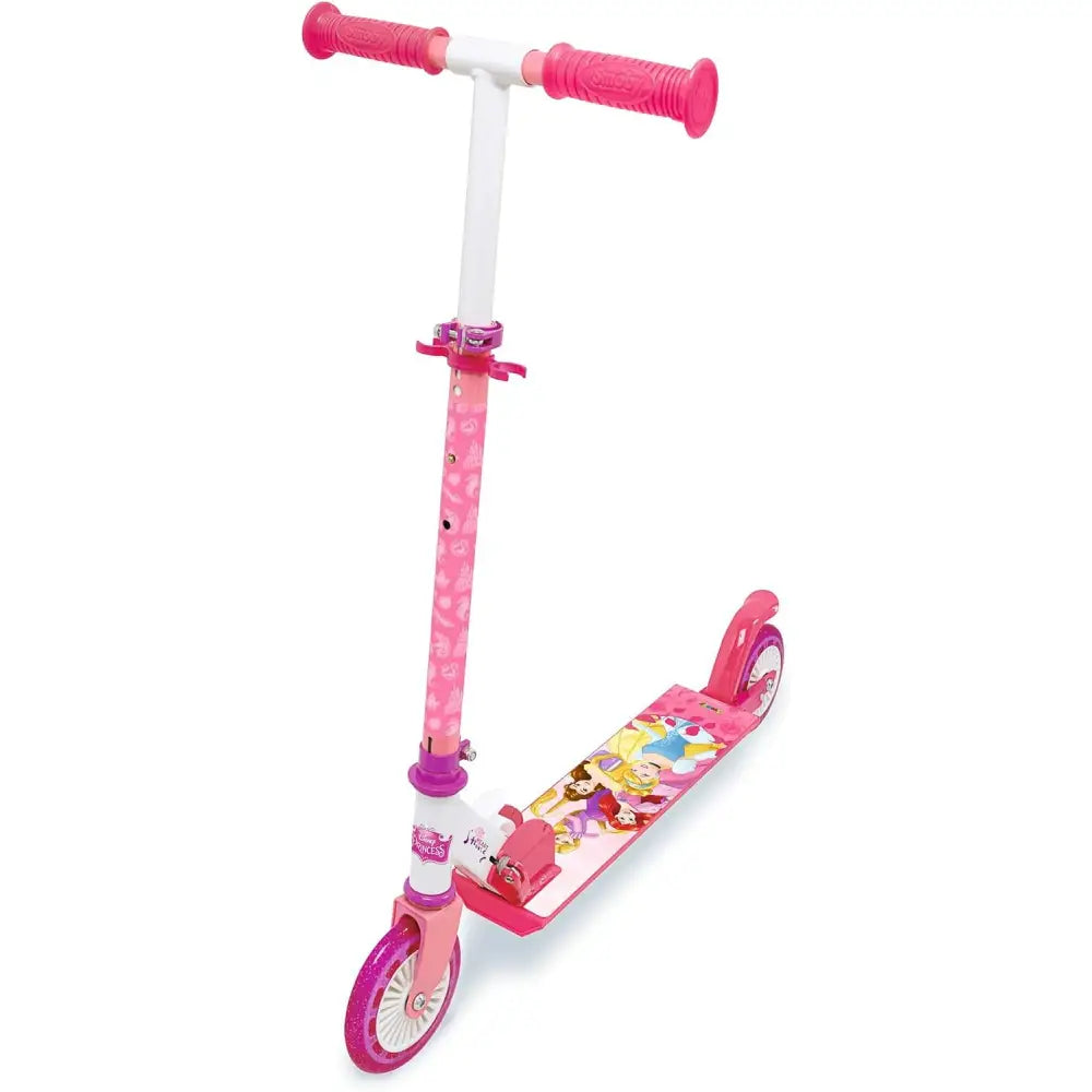 Monopattino principesse disney rosa e bianco con ruote glitterate e manopole antiscivolo decorato con personaggi principesse disney