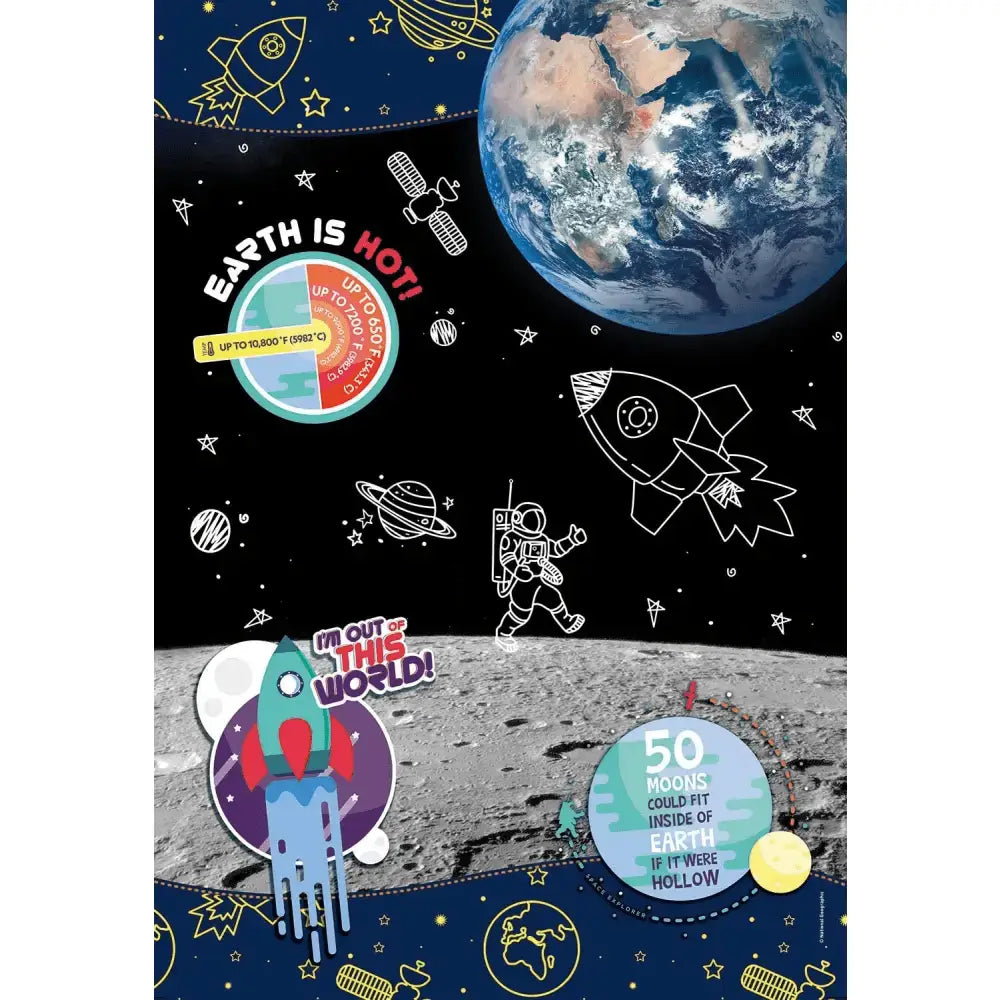 Poster educativo a tema spazio con terra luna razzi astronauti e curiosità colorate del puzzle national geographic kids 104 pezzi