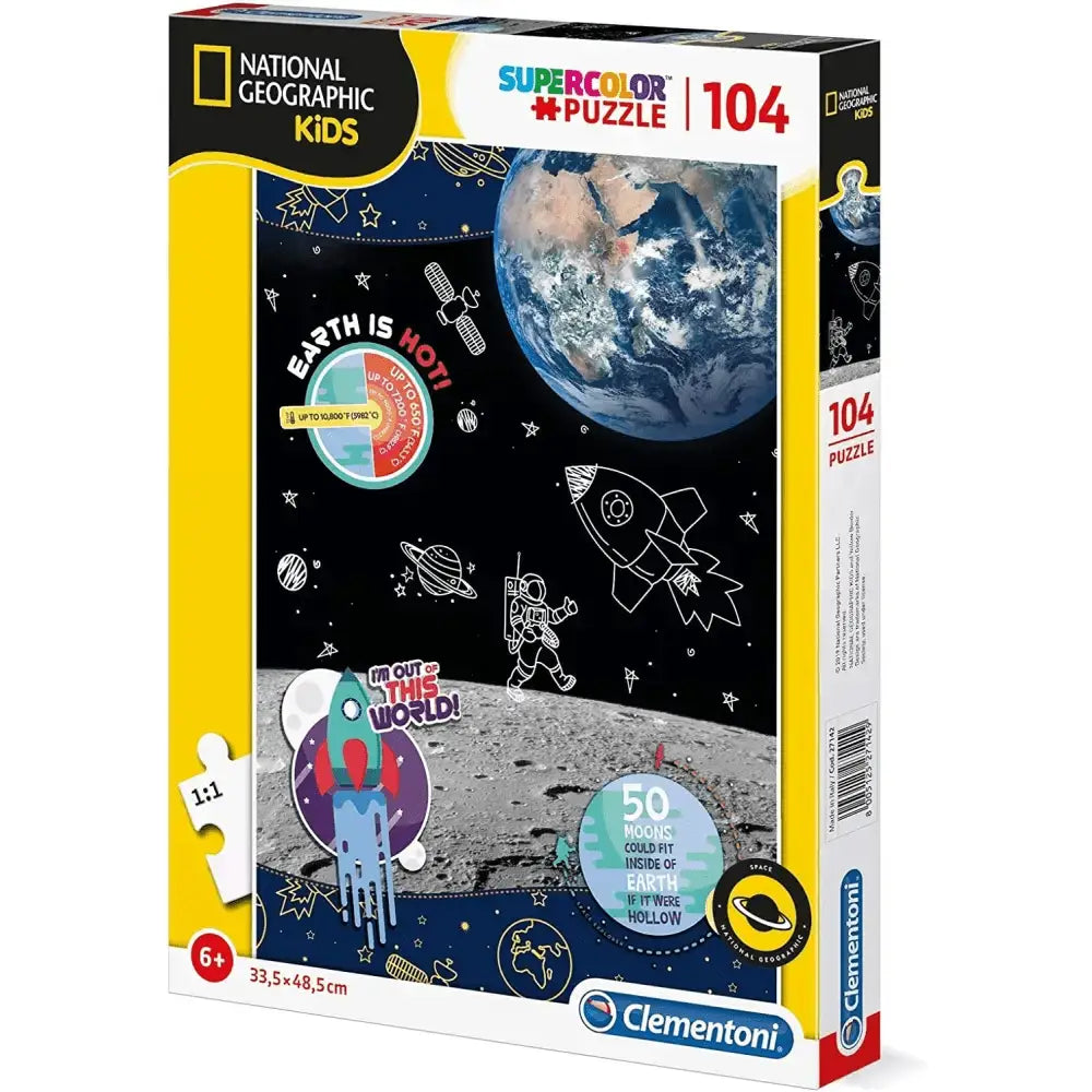 Scatola puzzle national geographic kids space explorer 104 pezzi con design spaziale terra razzi astronauti su sfondo nero