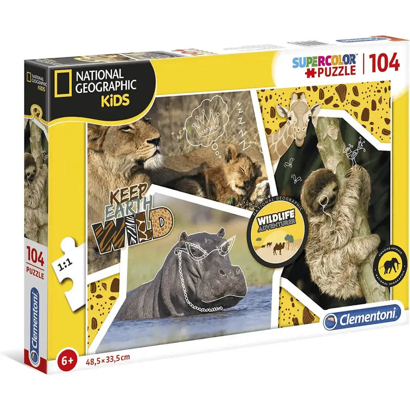 Scatola gialla del puzzle national geographic kids wildlife adventurer puzzle con animali selvatici e accessori cartoon