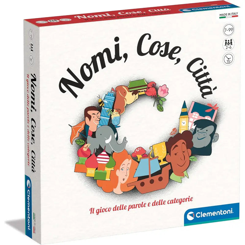 Scatola del gioco da tavolo nomi cose e città con illustrazioni colorate di persone animali e oggetti intorno al titolo nero su bianco