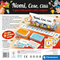 Colorata scatola del gioco da tavolo nomi cose e città con carte categoria e personaggi illustrati