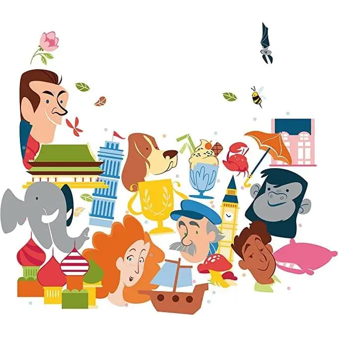 Illustrazione colorata e cartoon con personaggi fantastici e monumenti iconici nel gioco da tavolo nomi cose e città