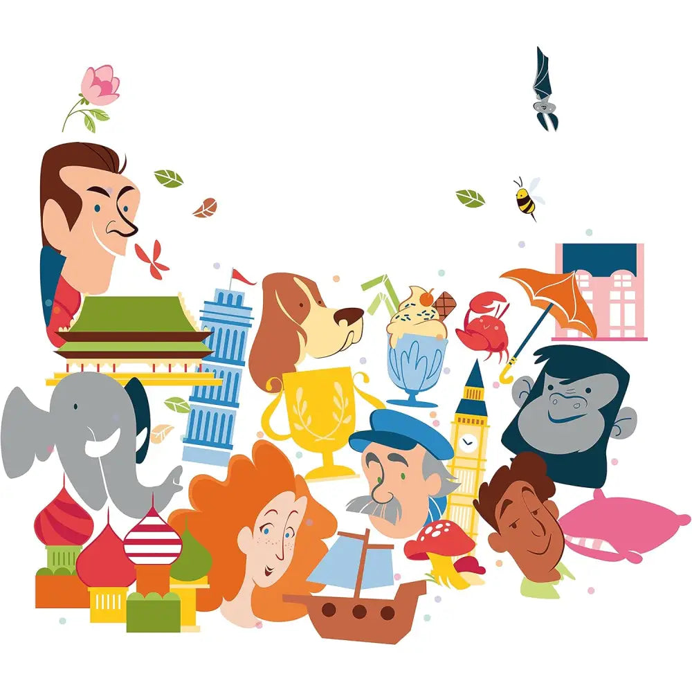 Colorato collage illustrato con personaggi cartoon animali e monumenti iconici nel gioco da tavolo nomi cose