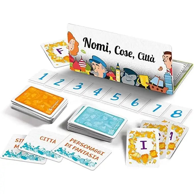 Il gioco da tavolo nomi cose e città presenta carte illustrate colorate con personaggi vivaci e scritte in grassetto