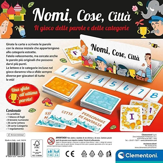 Nomi cose e città gioco da tavolo con carte illustrate colorate e scatola bianca con personaggi cartoon