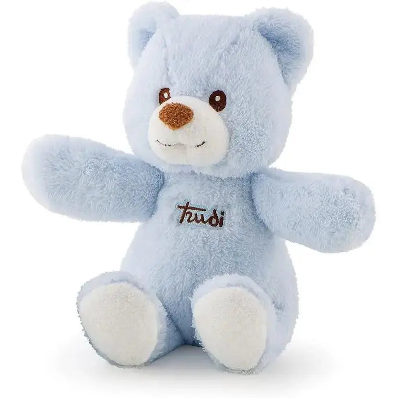 Orso carillon cremino azzurro trudi con morbido peluche blu chiaro, zampe bianche e dolce melodia integrata