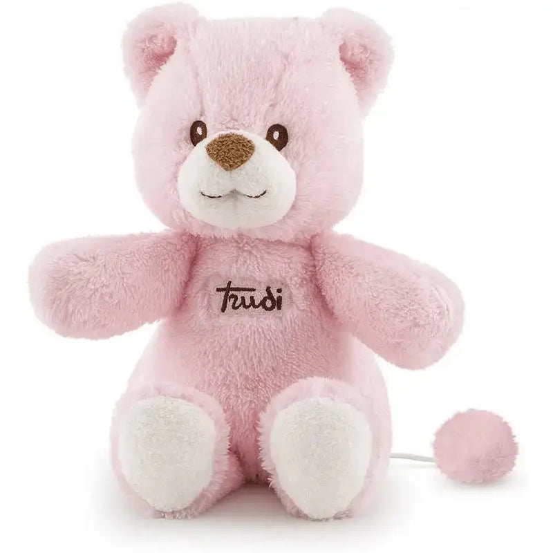 Orso carillon cremino rosa trudi peluche rosa con zampe e naso bianchi e logo trudi sul petto