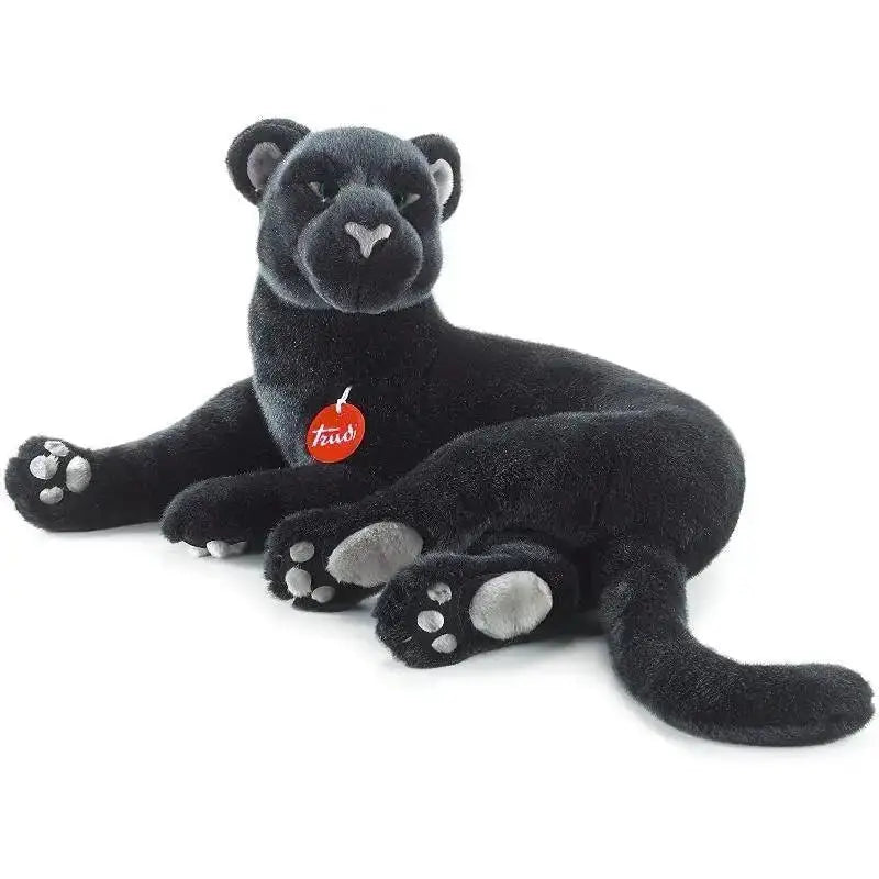 Pantera peluche trudi nero con zampe grigie in materiale morbido e etichetta rossa tui