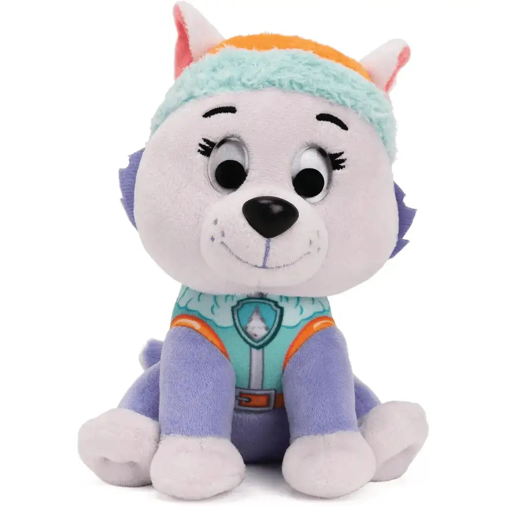 Plush paw patrol everest peluche 15 cm con pelliccia bianca e viola, occhi e naso ricamati, fascia e gilet turchese con rifiniture arancioni