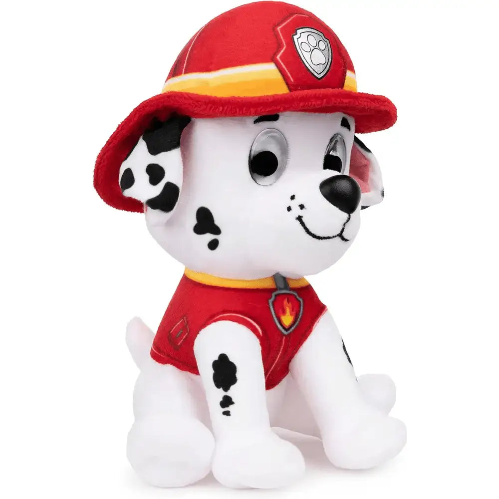Paw patrol peluche marshall rosso e bianco con casco da pompiere e pettorina rossa con fiamma