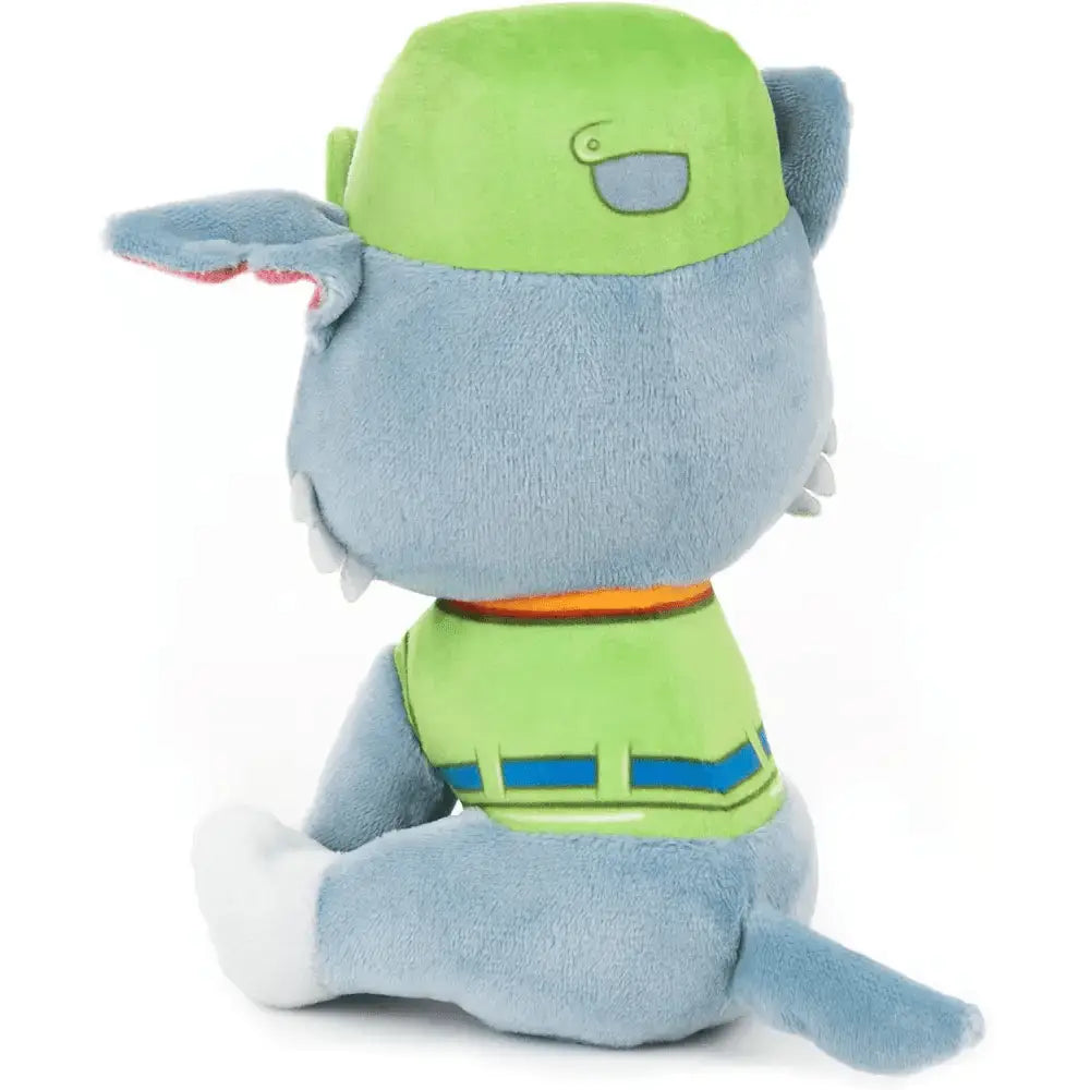 Peluche paw patrol rocky 15 cm di colore blu con cappellino verde e pettorina arancione in tessuto morbido