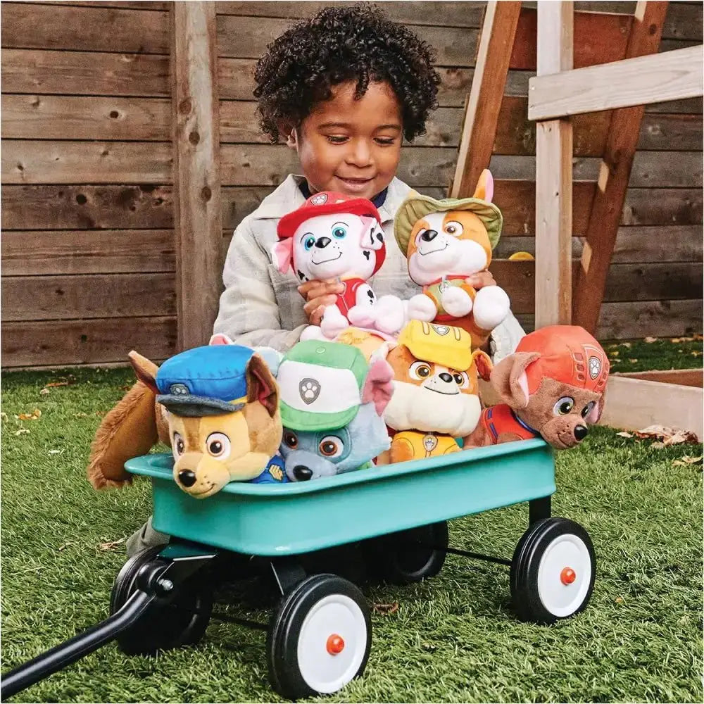 Wagon di plastica teal con ruote nere e cerchi bianchi nel prodotto paw patrol rocky peluche 15 cm