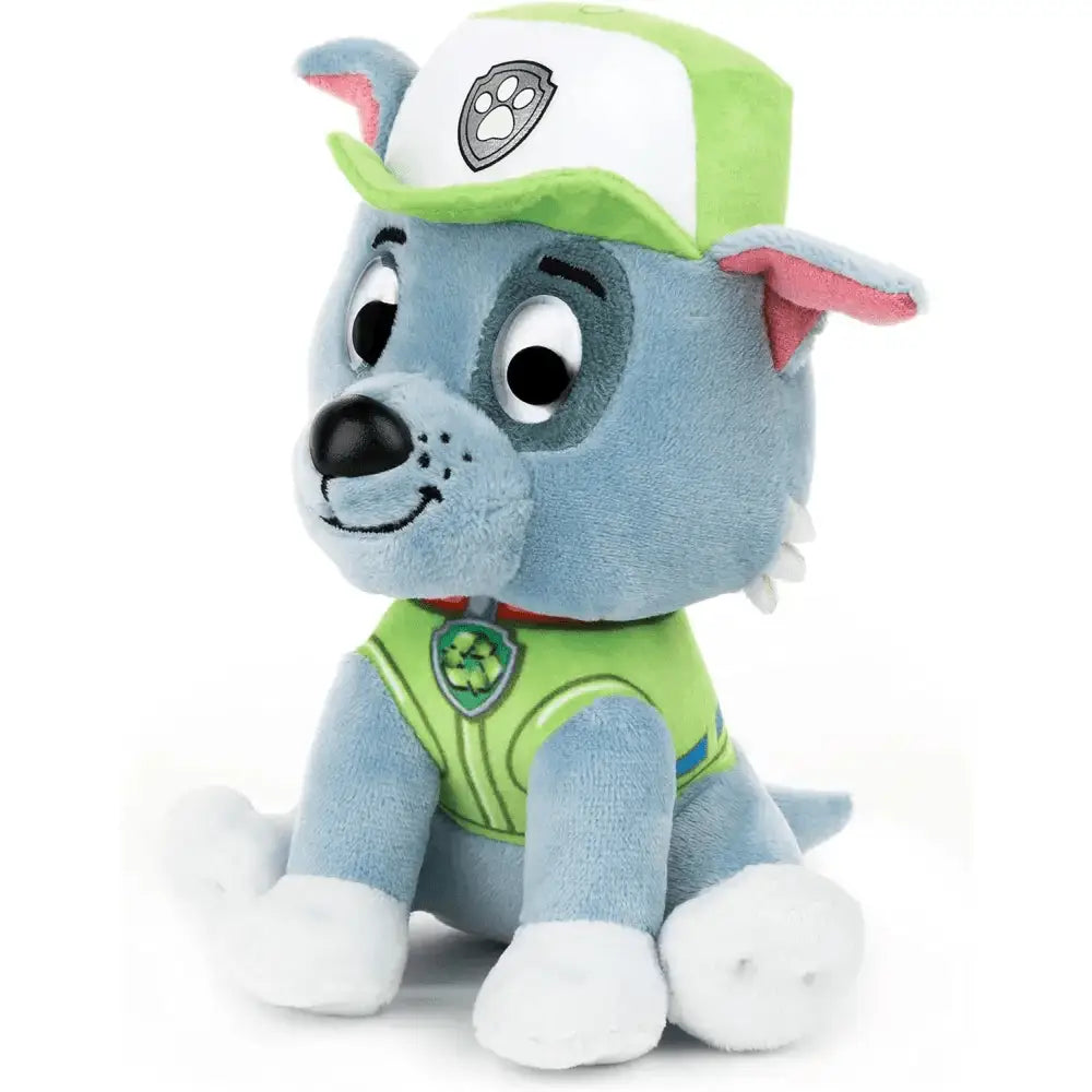 Plush blue paw patrol rocky puppy toy 15 cm wearing green and white cap and vest with recycling and paw symbols