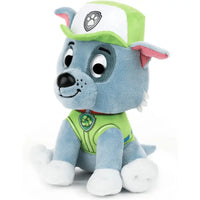 Plush blue paw patrol rocky puppy toy 15 cm wearing green and white cap and vest with recycling and paw symbols