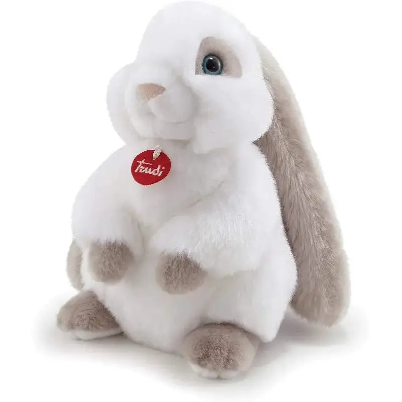 Peluche coniglio clemente trudi morbido bianco e grigio con orecchie lunghe blu e zampe color sabbia