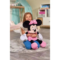 Peluche disney minnie da 61 cm in tessuto plush rosa e nero con vestito rosa e pantaloni blu
