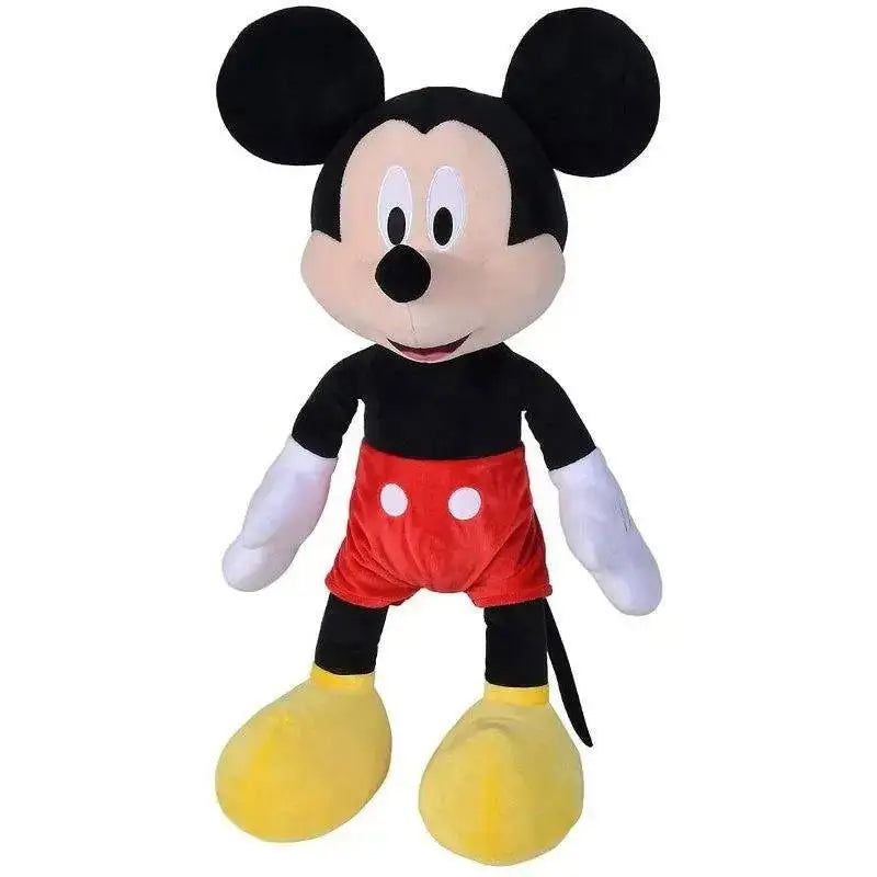 Peluche disney topolino 61 cm con orecchie nere, viso beige, pantaloncini rossi con bottoni bianchi e scarpe gialle