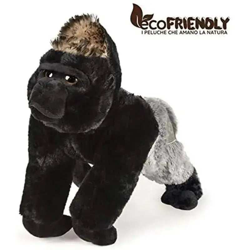 Peluche gorilla eco friendly 30 cm con pelo nero, criniera marrone e tessuto grigio su zampe posteriori in materiali riciclati