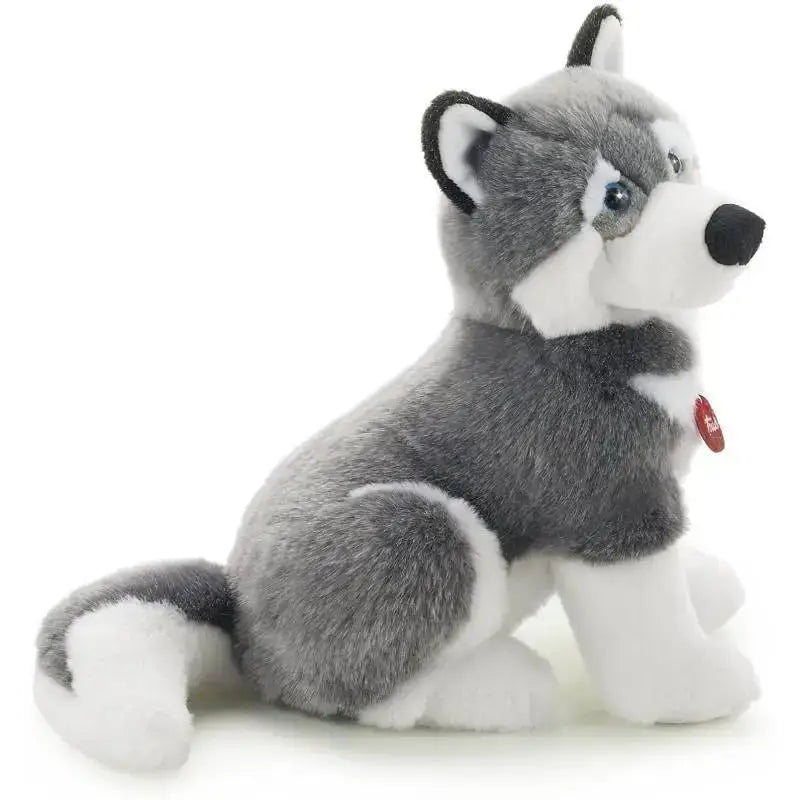Peluche husky marcus trudi grigio e bianco con orecchie nere, naso nero e occhi azzurri in peluche morbido