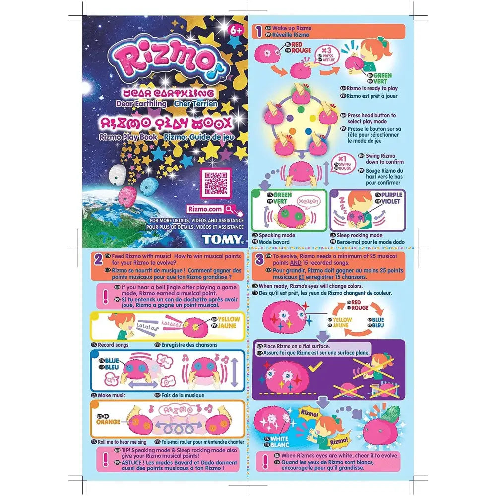 Istruzioni multilingue con personaggi colorati nel libretto del peluche interattivo rizmo berry