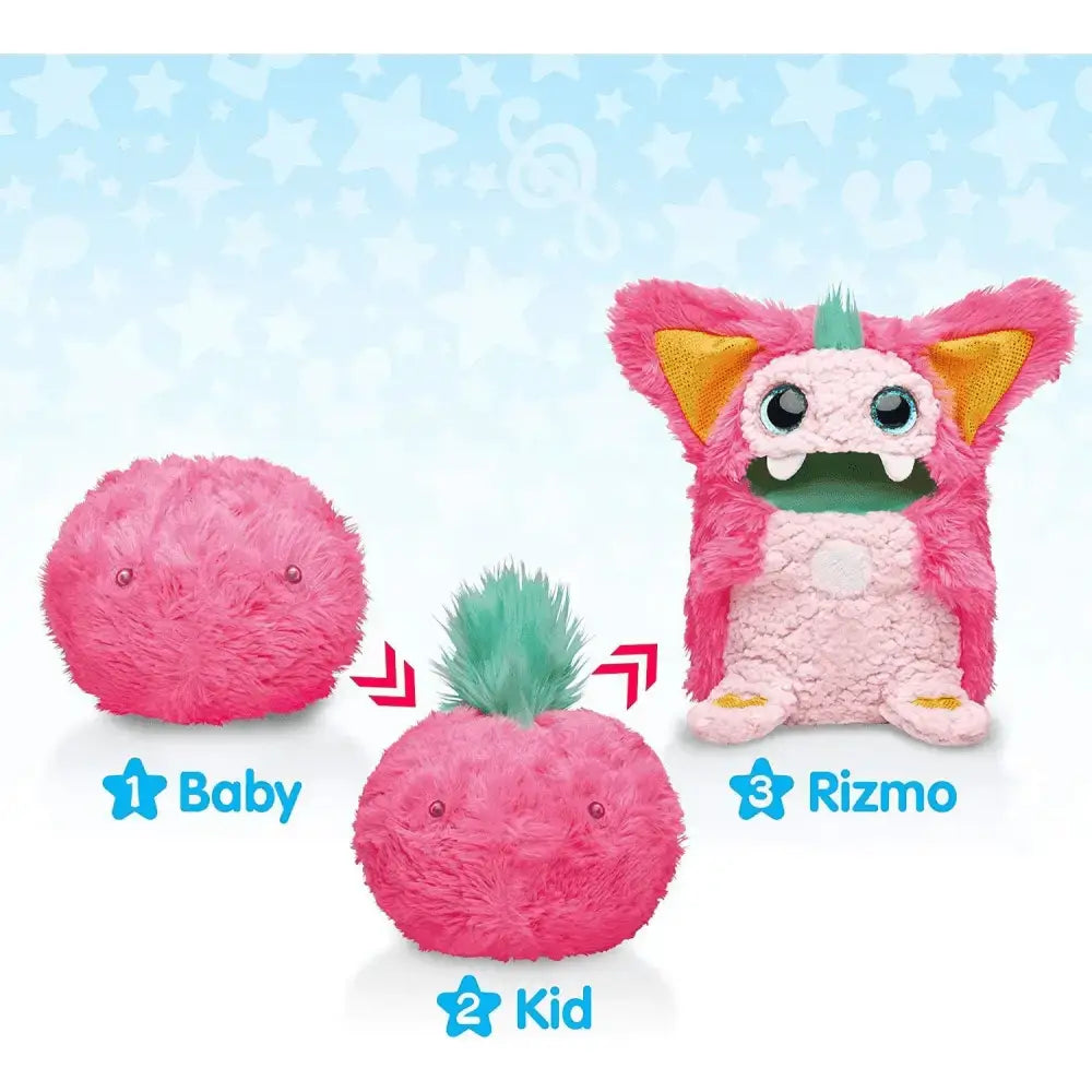 Peluche interattivo rizmo berry rosa con orecchie arancioni, ciuffo verde e pancia bianca circolare