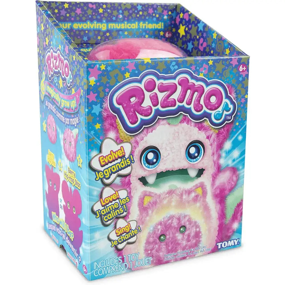 Peluche interattivo rizmo berry rosa con occhi azzurri e dettagli verdi nella confezione colorata