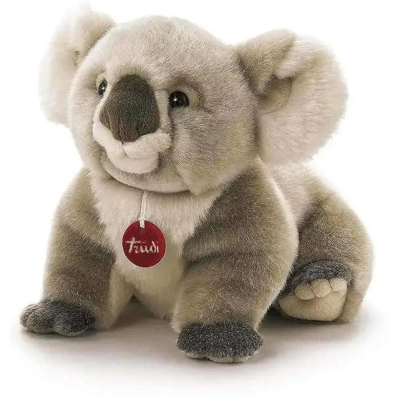 Peluche koala jamin trudi morbido grigio con petto bianco e naso scuro con etichetta rossa tüdi