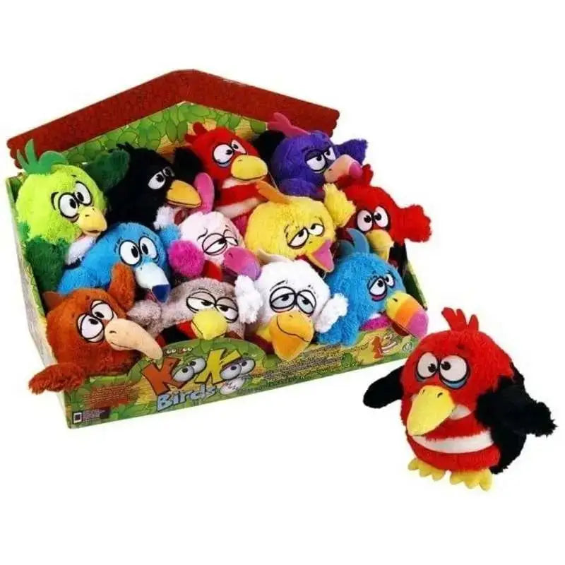Peluche kookoo birds rosso e nero con becco giallo, pancia bianca e ciuffo verde in morbido tessuto plush