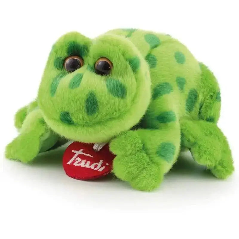 Peluche trudi rana verde con macchie scure e occhi marroni con etichetta rossa a forma di cuore peluche rana trudino