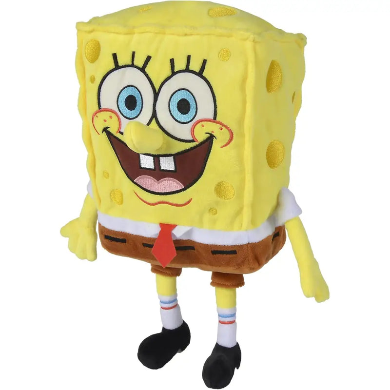Peluche spongebob 35 giallo con dettagli ricamati tuta rossa e pantaloni marroni spedizione veloce simba toys