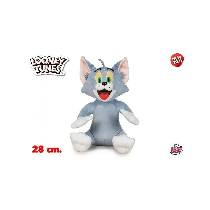 Peluche tom 28 cm morbido grigio con zampe bianche occhi verdi bocca rossa e dettagli cuciti in tessuto peluche