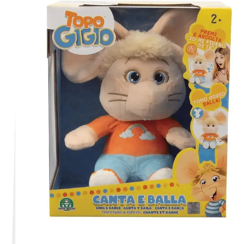 Peluche topo gigio arancione e blu con maglietta arancione e design arcobaleno canta e balla