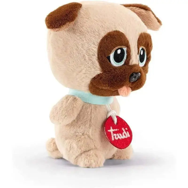 Adorabile peluche trudi friend carlino beige e marrone con colletto azzurro e grandi occhi ricamati collezione trudi friend