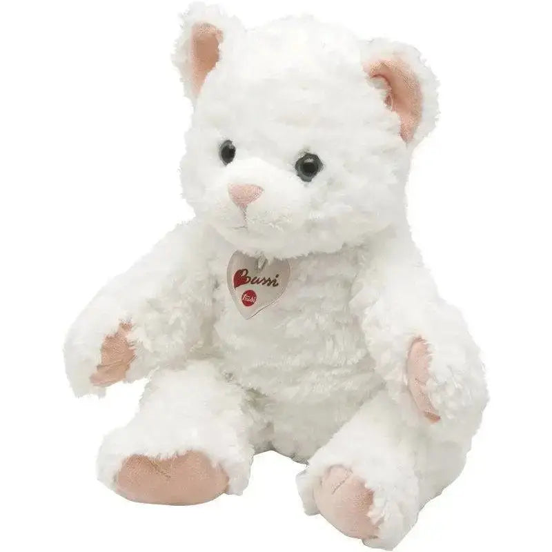 Peluche trudi gatto bianco soffice con orecchie, naso e zampe rosa e targhetta a forma di cuore con scritta bunni