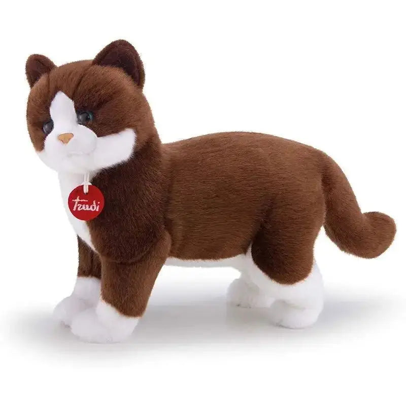 Morbido peluche gatto gildo marrone e bianco con etichetta rossa féudi peluche trudi 39 cm
