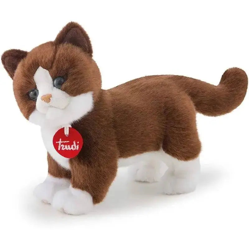 Peluche trudi gatto gildo marrone e bianco con pelo morbido occhi neri naso arancione e targhetta rossa trendi