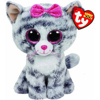 Peluche beanie boos kiki il gattino grigio tigrato con fiocco rosa e occhi rosa glitter 15 cm