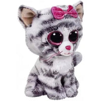 Peluche beanie boos kiki il gattino grigio tigrato con grandi occhi rosa glitter e fiocco rosa sulla testa 15 cm