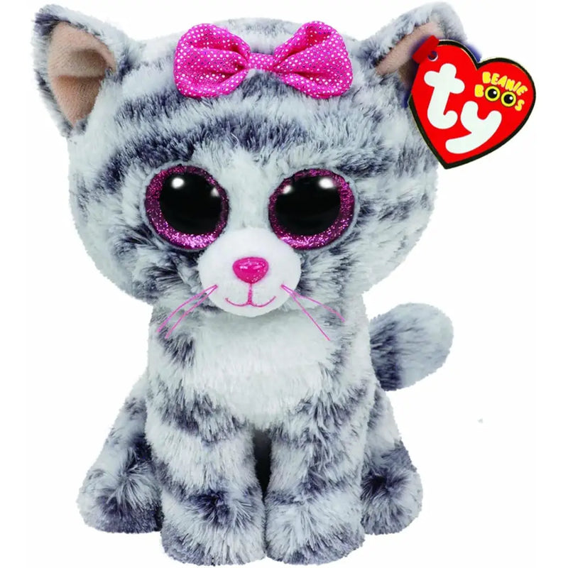 Peluche ty beanie boos kiki il gattino 15 cm grigio tigrato con fiocco rosa e occhi glitter rosa