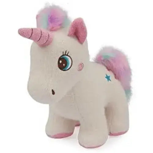 Peluche unicorno morbido con corpo bianco, zoccoli rosa, criniera arcobaleno pastello e stelle blu ricamate