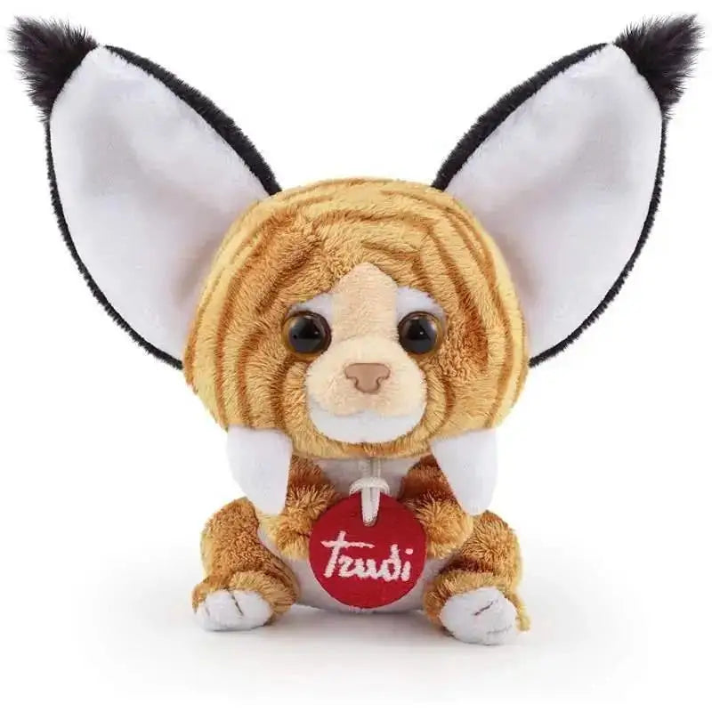 Peluche uppears lince trudi fennec fox con pelo beige e bianco e orecchie grandi nero punta con targhetta rossa