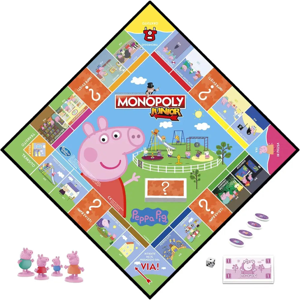 Peppa pig monopoly junior board game with colorful property spaces, cartoon illustrations, and pink plastic player pieces